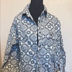 Blue and White Geometric Lightweight Shirt Jacket